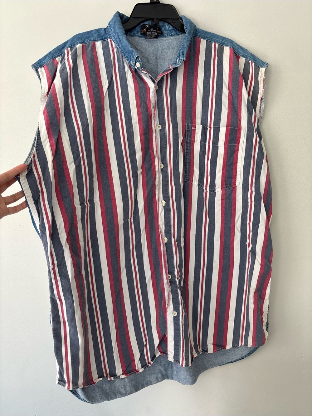Vintage 90s Men Streetwear Denim Blue Red White Stripe Distressed Shirt Size 2X